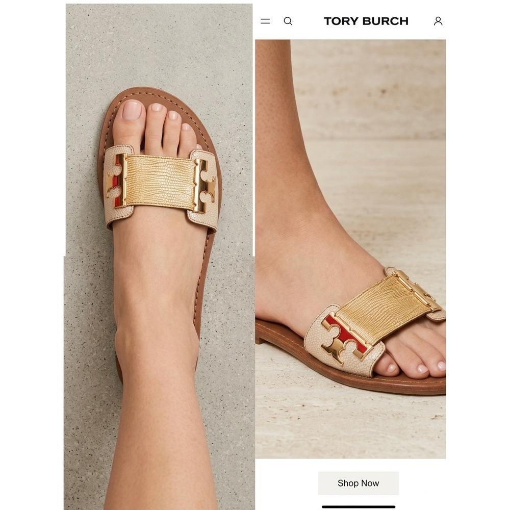 Tory Burch Gold and Beige Slide Sandals with Red Accent